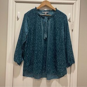 Valerie Stevens Blouse Tunic XL Teal Velvet Burnout Floral Blue Romantic Peasant